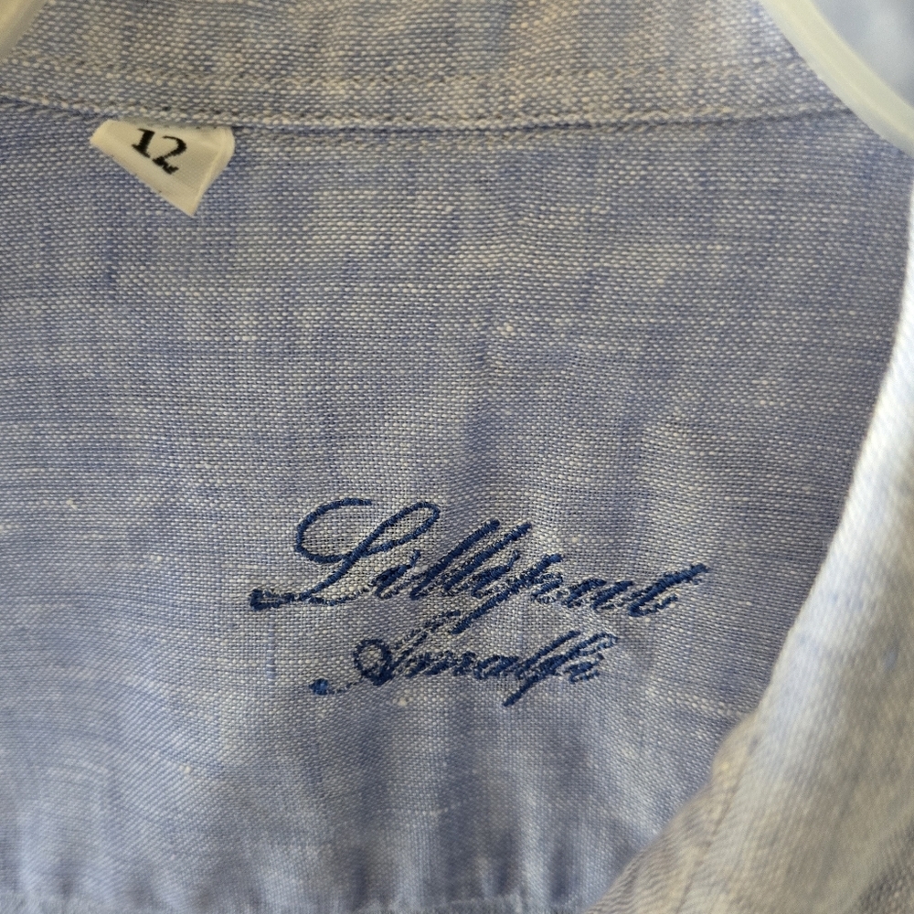 100% Italian Linen Youth Boy L 12 Blue Button Up Dress Shirt Natural Preppy Boat